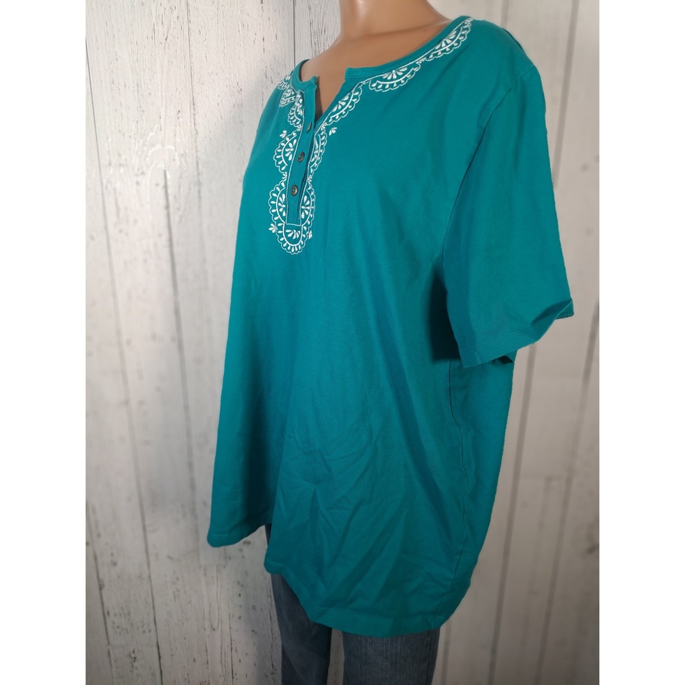 Liz & Me Womens 1X 18/20W Teal Henley Top White Embroidered Short Sleeve Cotton - Picture 2 of 8